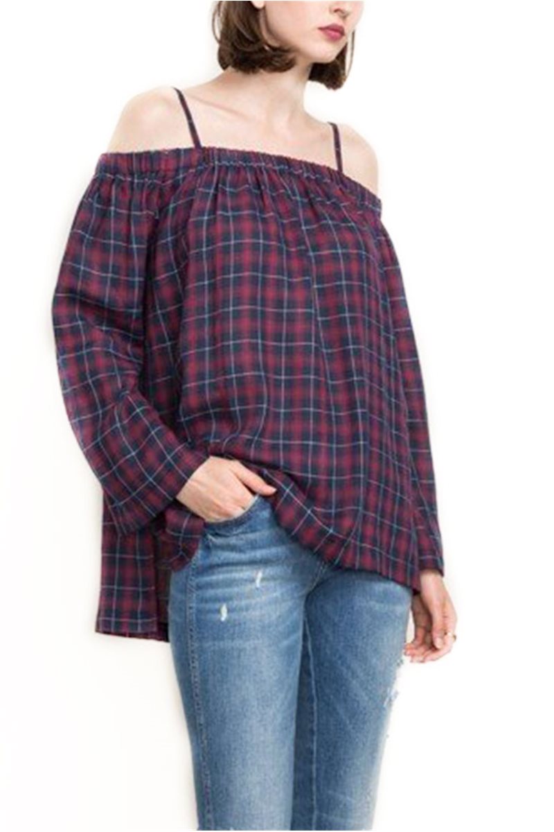 Mystree - Off Shoulder Bell Sleeve Plaid Blouse - Red/Navy