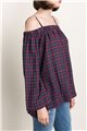 Mystree - Off Shoulder Bell Sleeve Plaid Blouse - Red/Navy