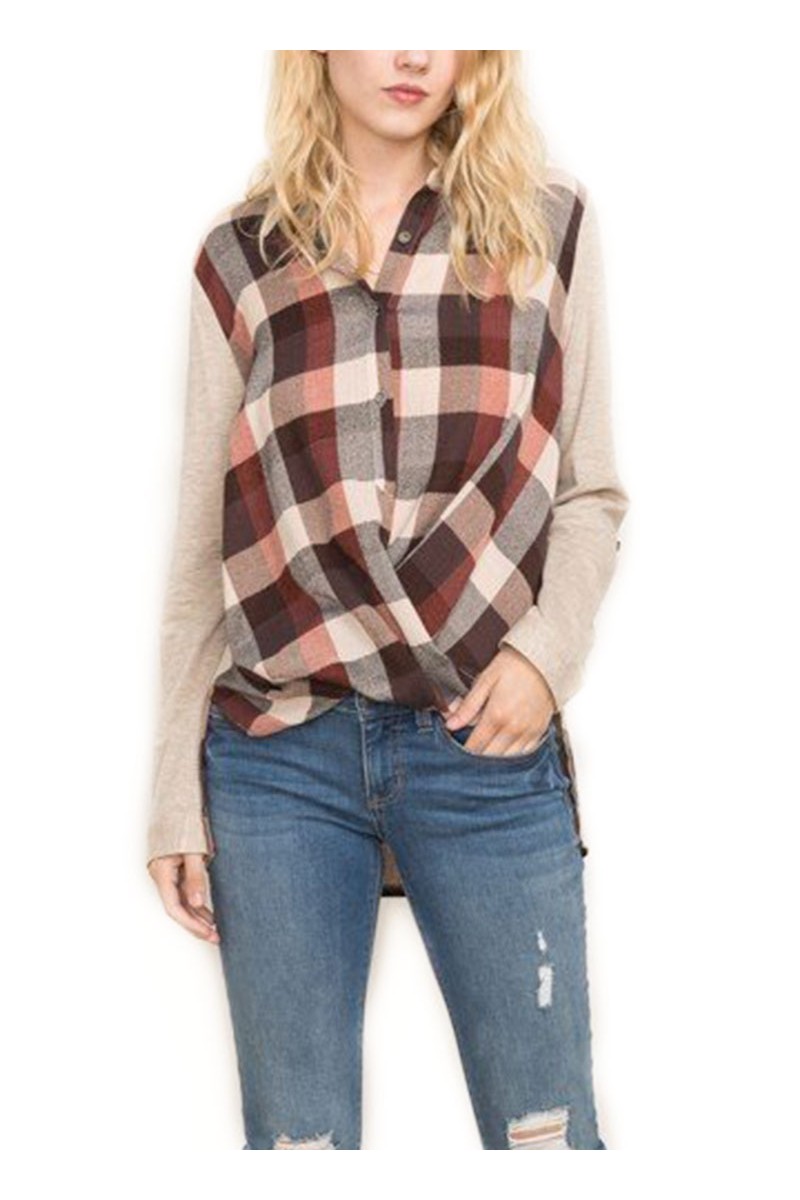 Mystree - Terry & Plaid MIx Top - Burgundy/Taupe