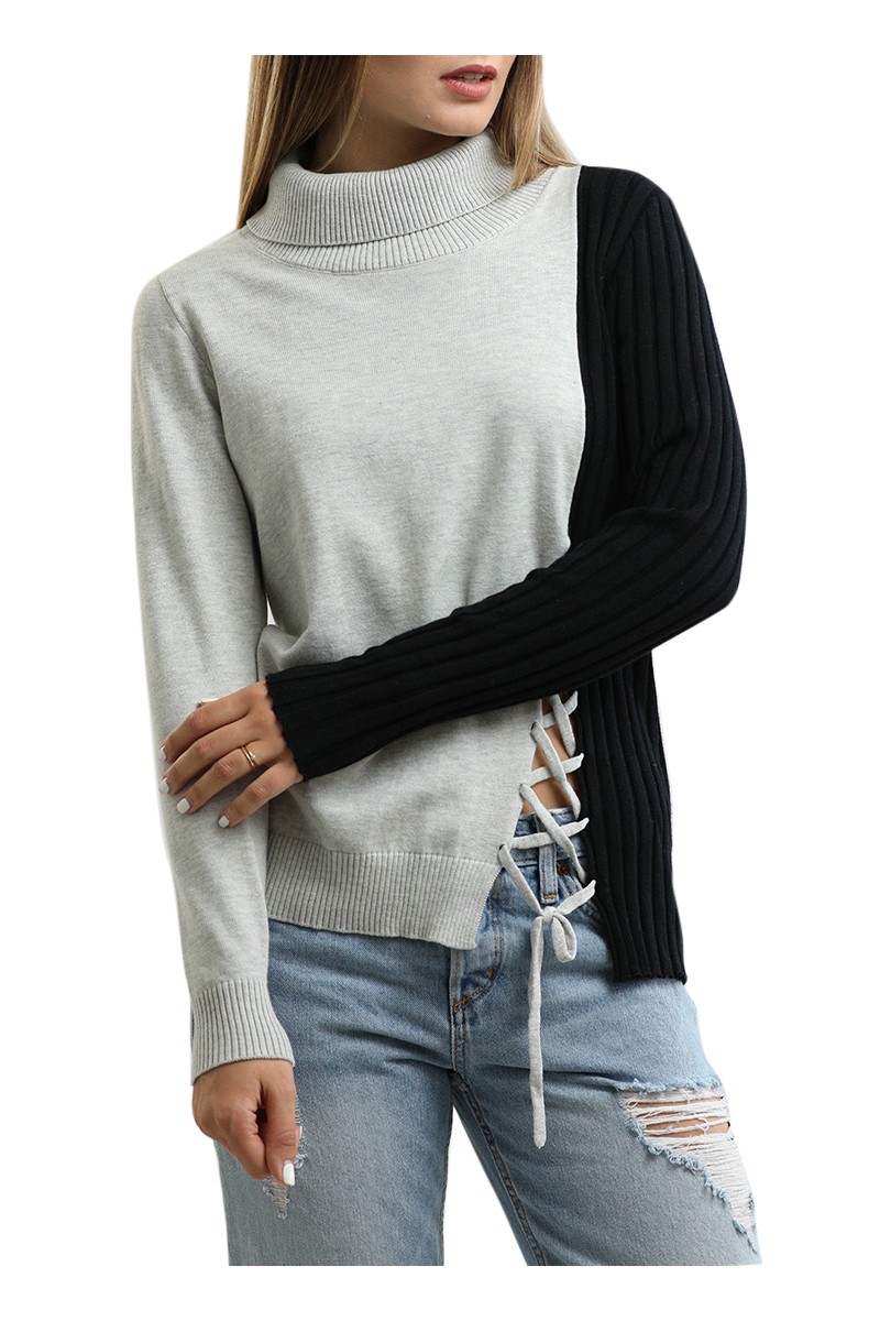 Central Park West - Turtleneck Sweater With Lacing Detail - Black/Grey