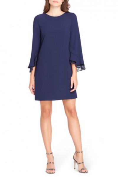 Tahari Brand - Women's Lace Trim Bell-Sleeve Shift Dress - Navy