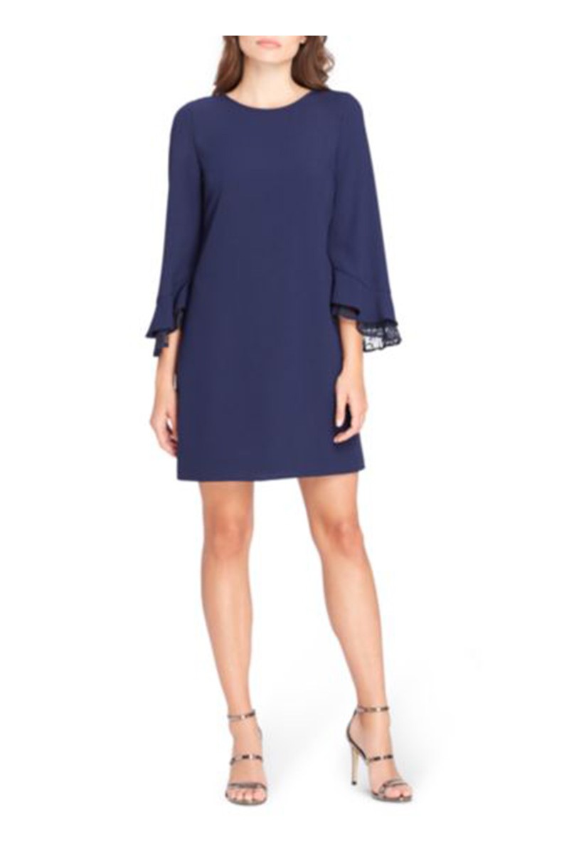 Tahari Brand - Women's Lace Trim Bell-Sleeve Shift Dress - Navy