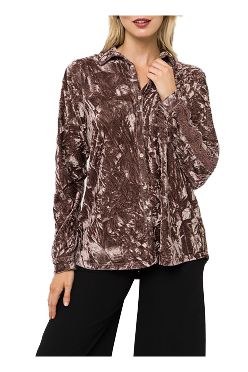 Mystree - Women's Velvet Shirt With Lace Trim - Mauve