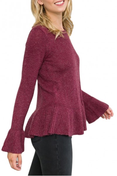 Mystree - Women's Ruffle Bottom Dtail Sweater Top - Wine