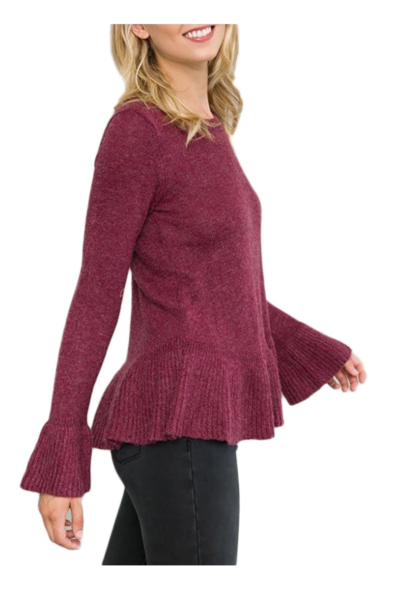 Mystree - Women's Ruffle Bottom Dtail Sweater Top - Wine