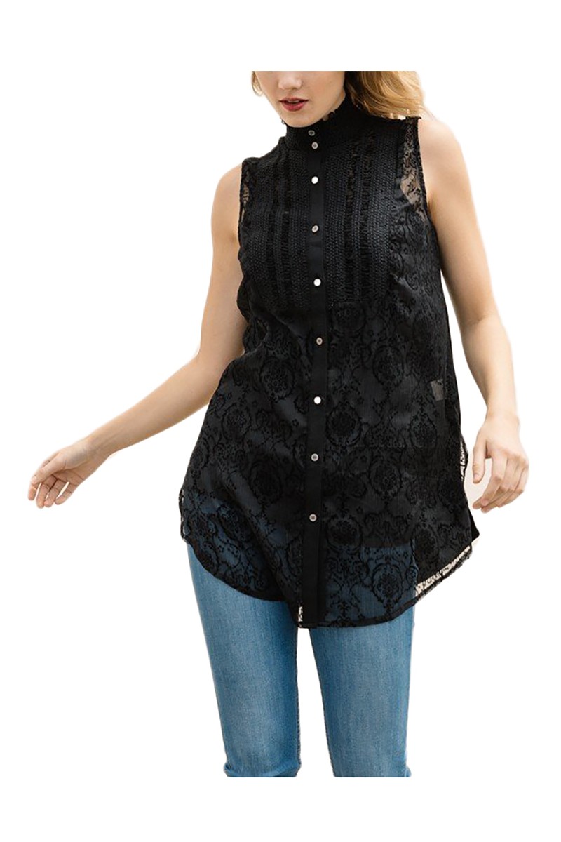 Mystree - Women's Flocked Special Smoked Top With Knit Back - Black