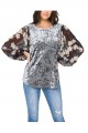 Mystree - Women's Print Chiffon Balloon Sleeve Crinkled Velvet Top - Pewter