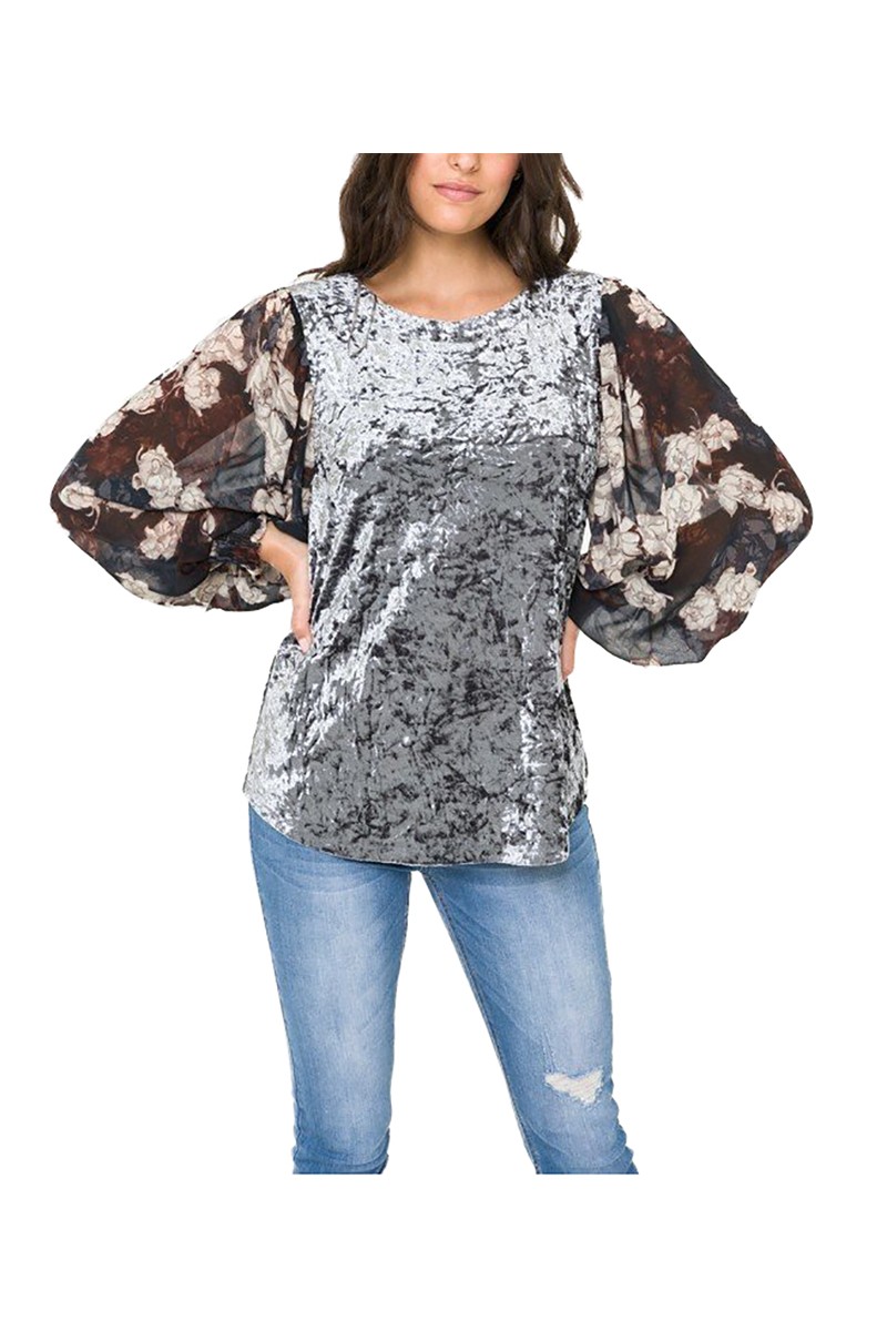 Mystree - Women's Print Chiffon Balloon Sleeve Crinkled Velvet Top - Pewter