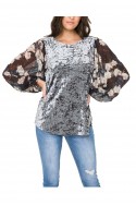 Mystree - Women's Print Chiffon Balloon Sleeve Crinkled Velvet Top - Pewter