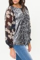 Mystree - Women's Print Chiffon Balloon Sleeve Crinkled Velvet Top - Pewter