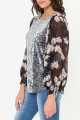 Mystree - Women's Print Chiffon Balloon Sleeve Crinkled Velvet Top - Pewter