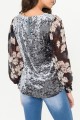 Mystree - Women's Print Chiffon Balloon Sleeve Crinkled Velvet Top - Pewter