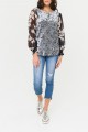 Mystree - Women's Print Chiffon Balloon Sleeve Crinkled Velvet Top - Pewter