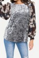 Mystree - Women's Print Chiffon Balloon Sleeve Crinkled Velvet Top - Pewter