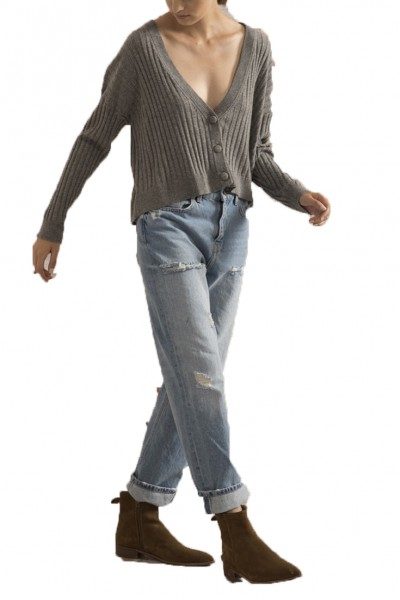 Sack's - Women's Jill Cable Knit V Neck Sweater - Grey Melange