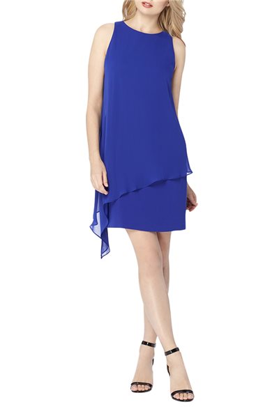 Tahari Brand - Chiffon Overlay Crepe Dress - Cobalt