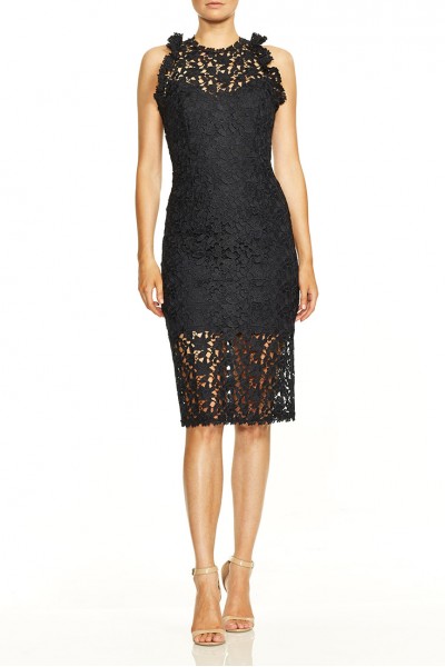 Halston - Sleeveless Mock Neck Fitted Lace Dress - Dark Navy