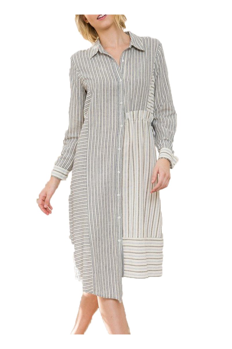 Mystree - Mixed Stripe Uneven Hemline Shirt Dress - Off White Navy