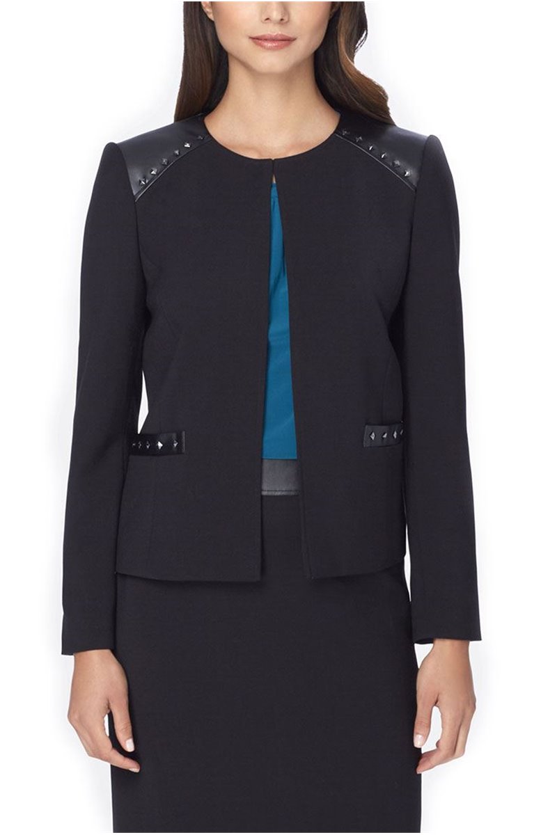 Tahari - Studded Faux Leather-Trim Ponte Knit Jacket - Black