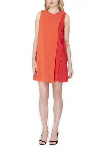 Tahari - Colorblocked Crepe Overlay Dress - Orange Poppy 