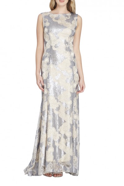 Tahari - Women's Sequin Embroidered Metallic Gown - Gun.Metal