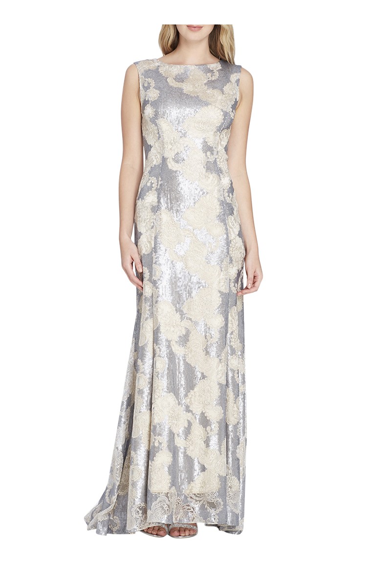 Tahari - Women's Sequin Embroidered Metallic Gown - Gun.Metal